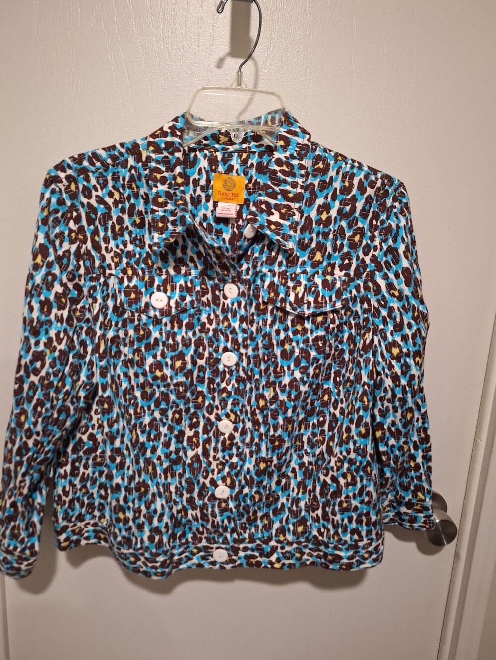 Ruby Rd. 16P Teal & Brown Leopard Print Button-Front Jacket. Linen blend. - Picture 3 of 16
